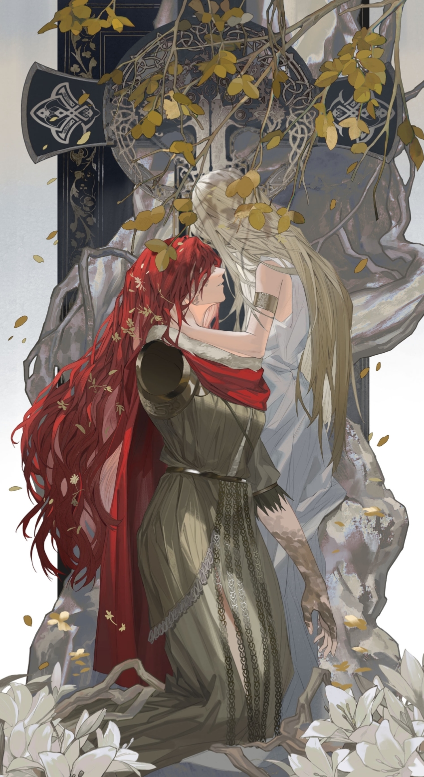 1boy, 1girl, absurdres, amputee, armlet, bare_shoulders, blonde_hair, branch, brother_and_sister, brown_dress, cape, chinese_commentary, commentary_request, covered_eyes, cross, dress, elden_ring, facing_another, feet_out_of_frame, flower, from_side, fur-trimmed_cape, fur_trim, hair_over_eyes, hand_on_another's_neck, height_difference, highres, jewelry, kneeling, leaf, long_hair, malenia_blade_of_miquella, miquella_(elden_ring), parted_lips, profile, red_cape, red_hair, scar, scar_on_arm, scar_on_face, siblings, sleeveless, sleeveless_dress, standing, straight_hair, white_dress, white_flower, youamo