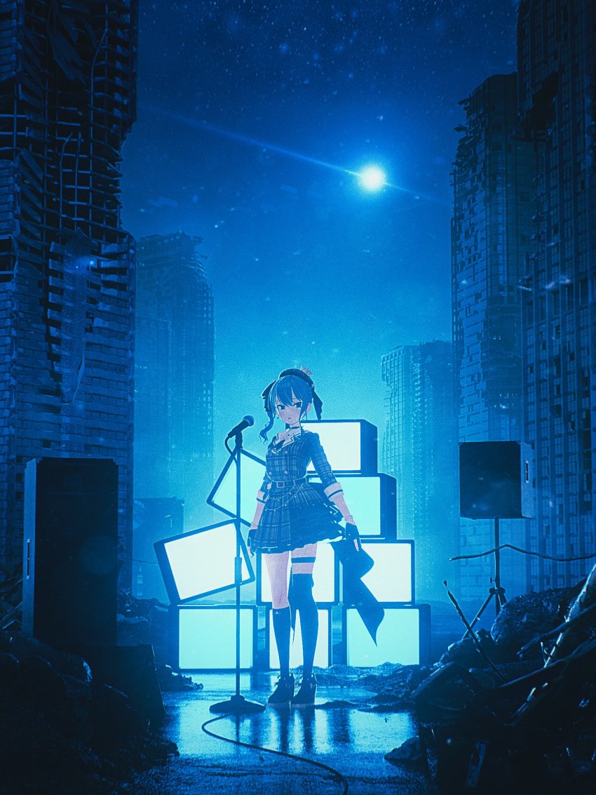 1girl, beret, blue_eyes, blue_hair, blue_theme, blush, bracelet, choker, crown, cyan_(lilillililxx), dress, female_focus, hat, high_heels, highres, hololive, hoshimachi_suisei, hoshimachi_suisei_(1st_costume), jewelry, looking_at_viewer, microphone, mini_crown, moon, moonlight, night, plaid_clothes, plaid_dress, ribbon, side_ponytail, sky, sleeves_rolled_up, solo, speaker, star_(symbol), television, thigh_strap, thighhighs, thighs, virtual_youtuber, wide_shot