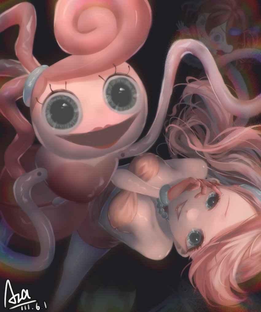 breasts, colored_skin, dual_persona, gloves, highres, humanization, lipstick, long_arms