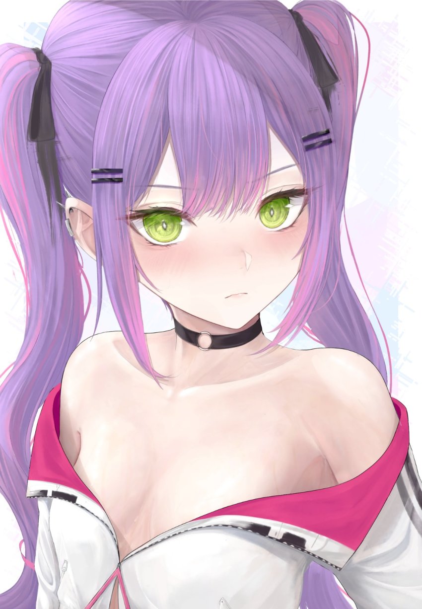 1girl, black_choker, breasts, choker, cleavage, cropped_jacket, frown, green_eyes