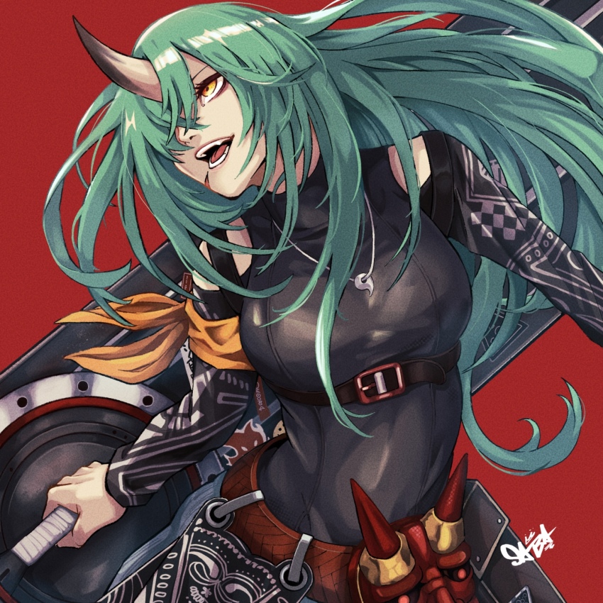 arched_back, arknights, armband, belt, belt_pouch, black_footwear, black_sleeves, breasts, brown_belt, chest_harness, clothing_cutout, commentary, facial_scar, fangs, green_hair, hair_over_one_eye, harness, highres, holding, holding_shield, holding_weapon, horns, hoshiguma_(arknights), hoshiguma_(ronin_huntress)_(arknights), huge_weapon, jewelry, leather_shirt, leather_strap, long_hair, long_sleeves, magatama, magatama_necklace, mask, medium_breasts, necklace, neclace, official_alternate_costume, oni_mask, open_mouth, outstretched_arm, peppsi_(saba_sabasuk0), pouch, red_background, scar, scar_on_cheek, scar_on_face, shield, shirt, shoulder_cutout, signature, simple_background, single_horn, skin-covered_horns, standing, teeth, tight_clothes, tight_shirt, tongue, underbust, upper_body, weapon, yellow_eyes