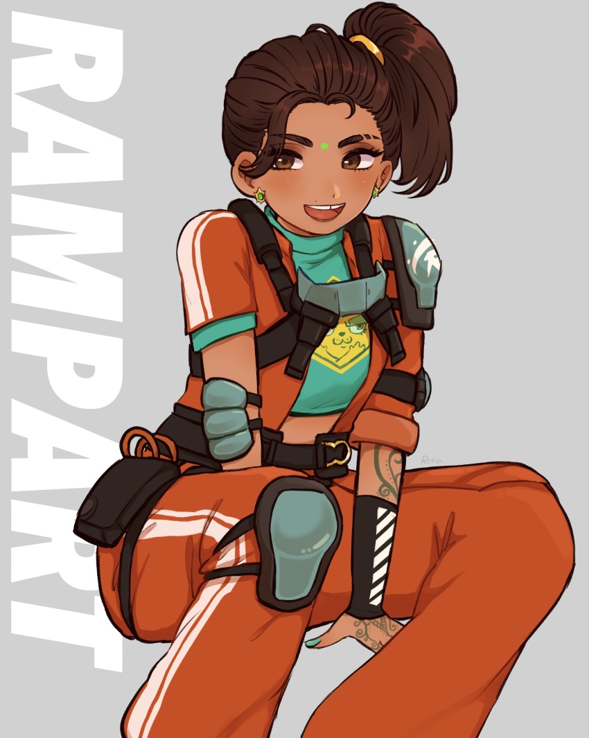 1girl, absurdres, animification, apex_legends, aqua_shirt, arm_tattoo, blush, brown_eyes