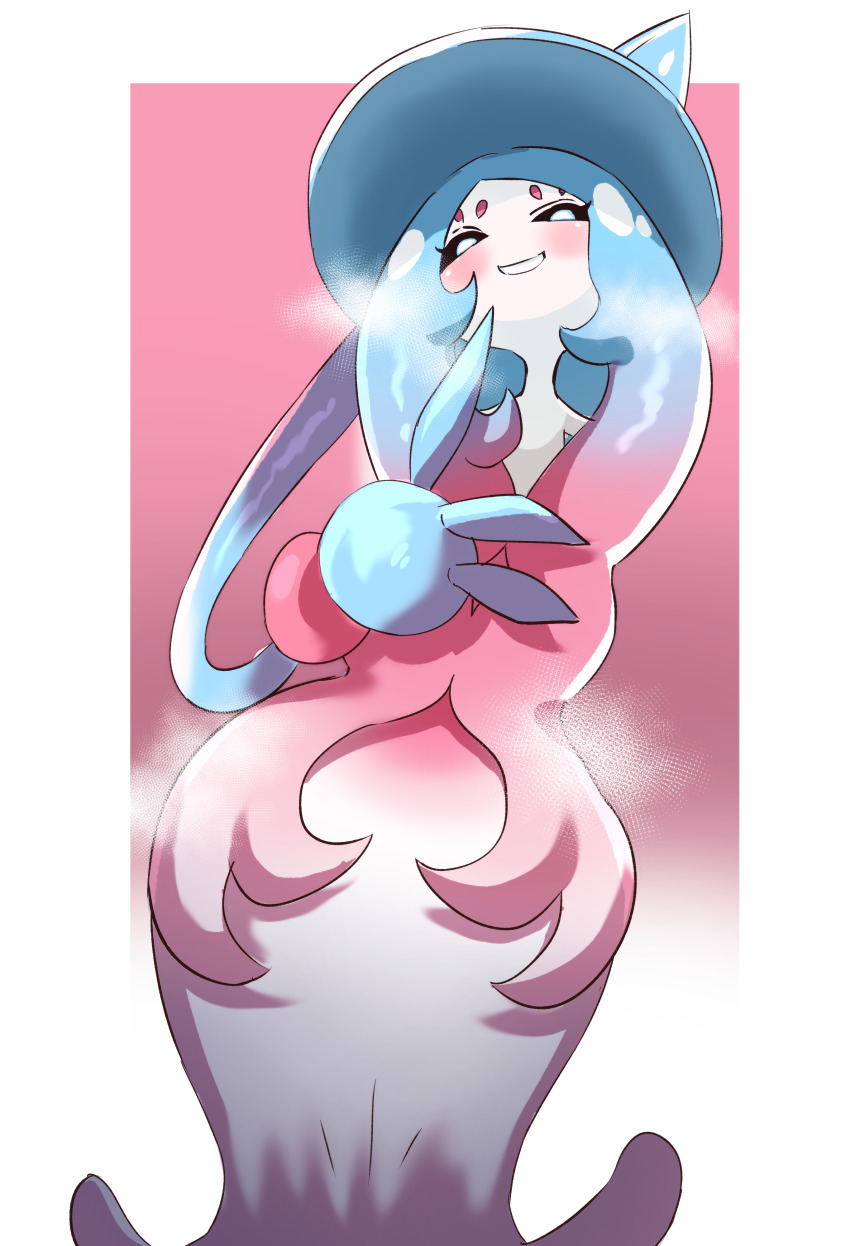 1girl, absurdres, black_sclera, blue_hair, blush, border, breath, colored_sclera