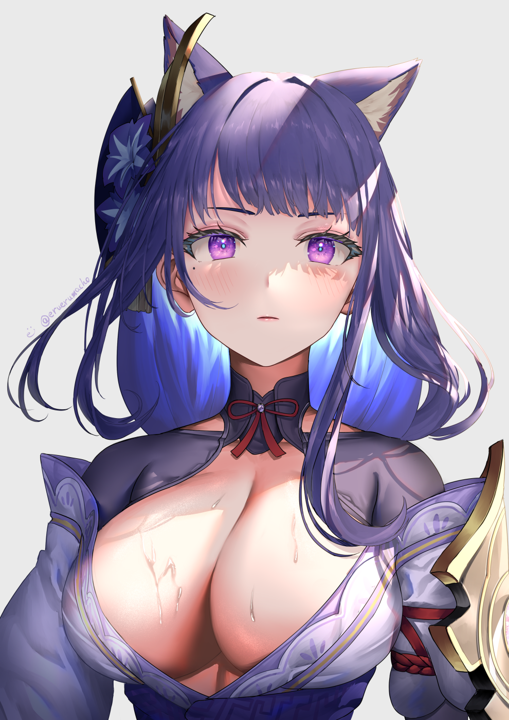 1girl, animal_ear_fluff, animal_ears, blue_hair, blush, breasts, cat_ears, cleavage