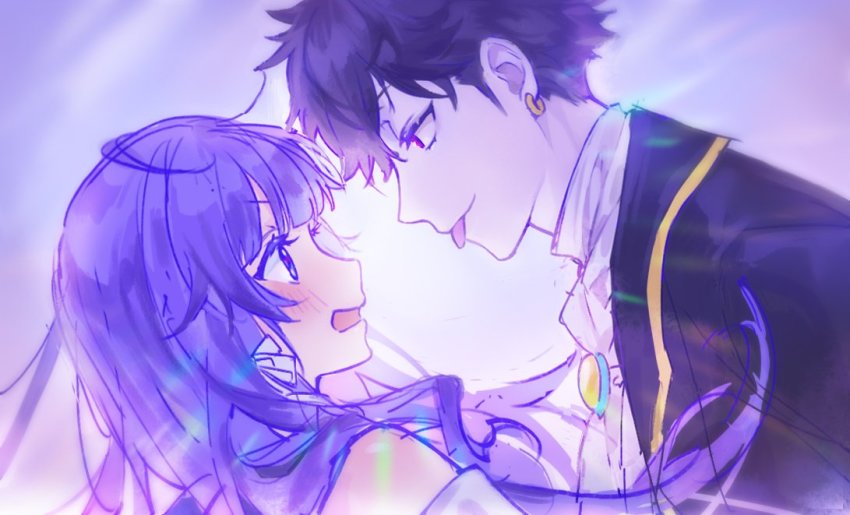 1boy, 1girl, black_hair, black_jacket, blue_eyes, blue_hair, bow, chinese_commentary