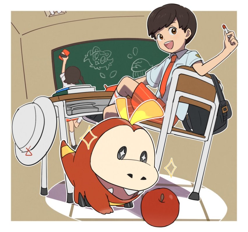 1boy, 1girl, :d, apple, book, border, brown_eyes, brown_hair, chair, chalkboard, classroom, commentary_request, desk, drawing, florian_(pokemon), food, fruit, fuecoco, hat, holding, indoors, juliana_(pokemon), nintendo, open_mouth, pokemon, pokemon_scarlet_and_violet, quaxly, school_chair, school_desk, short_hair, sitting, smile, sparkle, sprigatito, teeth, three_guo, tongue, unworn_hat, unworn_headwear, upper_teeth_only, white_border