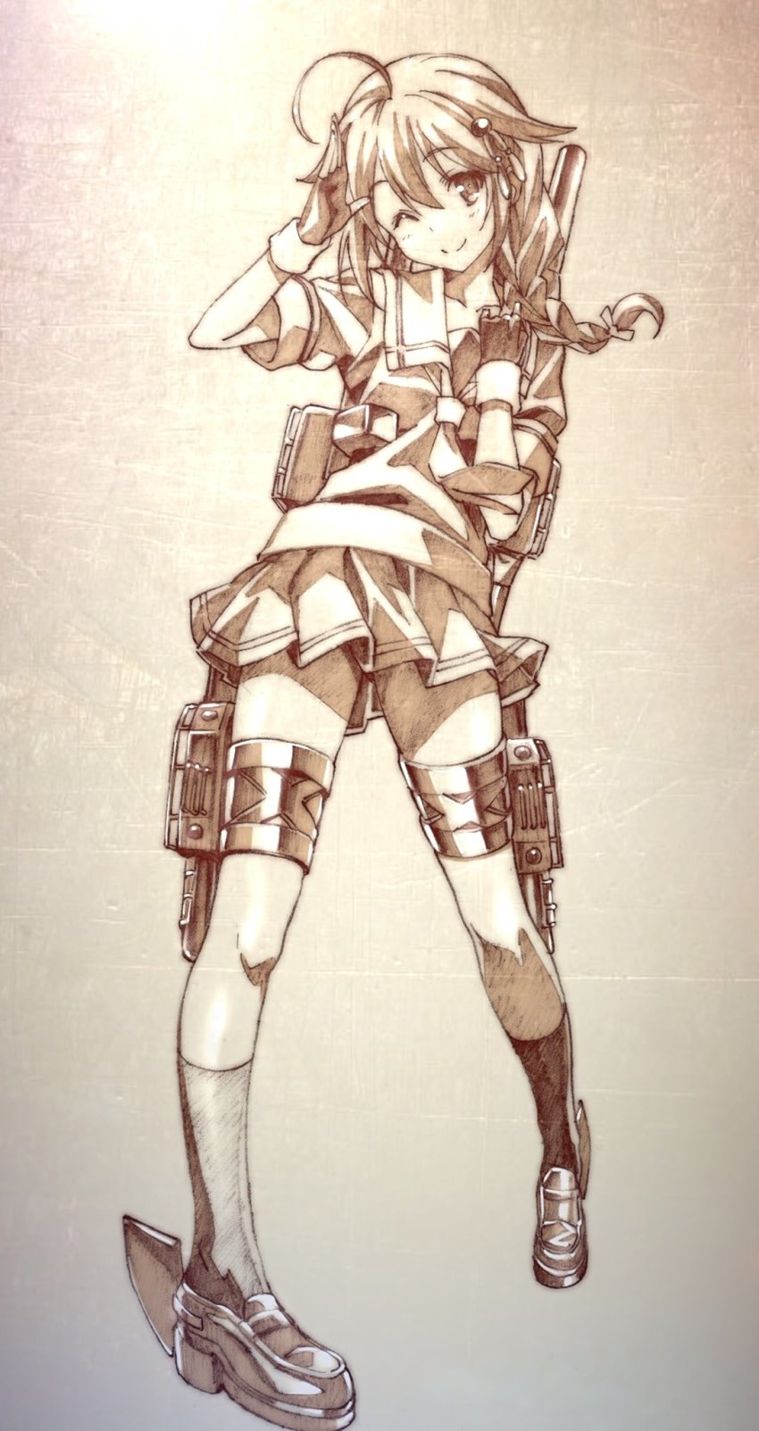 1girl, ahoge, armenian_commentary, braid, commentary_request, full_body, gloves, hair_flaps, hair_ornament, hair_over_shoulder, highres, kantai_collection, long_hair, looking_at_viewer, mixed-language_commentary, monochrome, one_eye_closed, rigging, scarf, school_uniform, sepia, serafuku, shigure_(kancolle), solo, standing, watanabe_yoshihiro