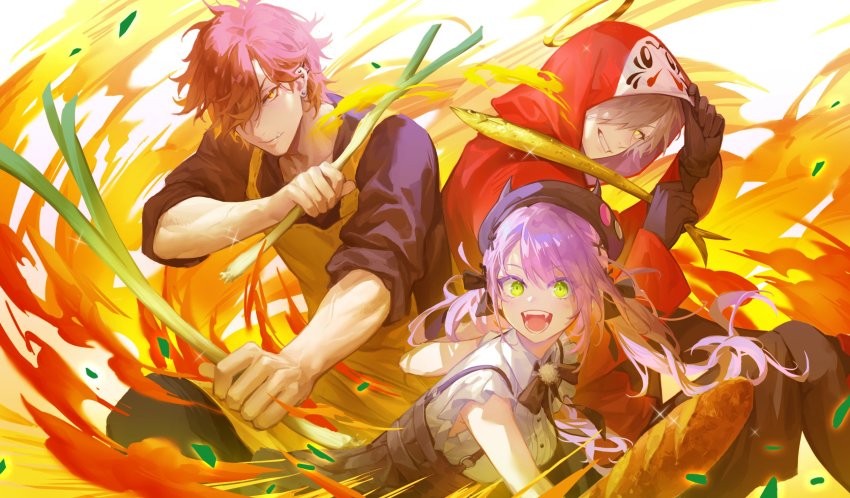 1girl, 2boys, animal, arisakaaa_(crazy_raccoon), black_gloves, black_skirt, bread, breasts