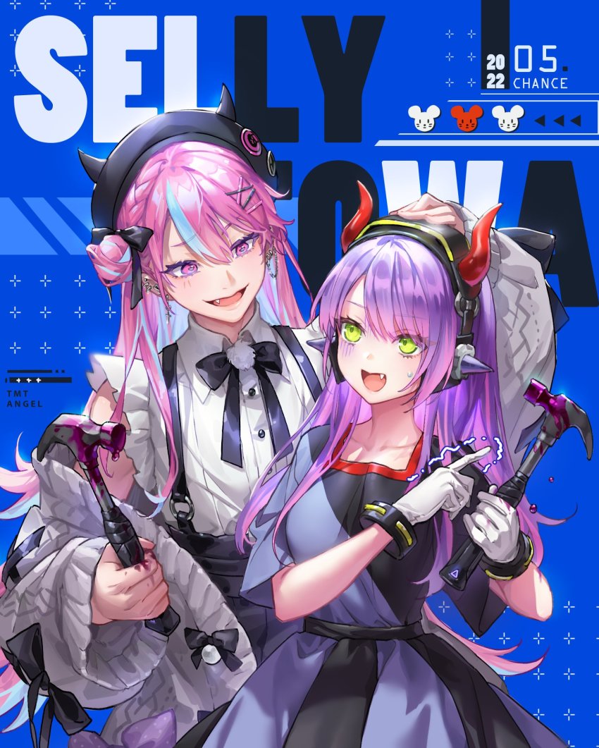 2girls, black_dress, black_skirt, blue_background, blue_dress, blue_hair, chinese_commentary, collarbone, cosplay, costume_switch, crazy_raccoon, dress, fake_horns, fang, frilled_shirt, frills, green_eyes, hammer, highres, holding, holding_hammer, hololive, horns, long_hair, multicolored_hair, multiple_girls, nagy_(cindy32ok123), off_shoulder, open_mouth, paint, pink_hair, purple_hair, selly55, selly55_(cosplay), shirt, shirt_tucked_in, skirt, sleeveless, sleeveless_shirt, streaked_hair, suspenders, tokoyami_towa, tokoyami_towa_(cosplay), tokoyami_towa_(jirai_kei), two-tone_dress, virtual_youtuber, white_shirt