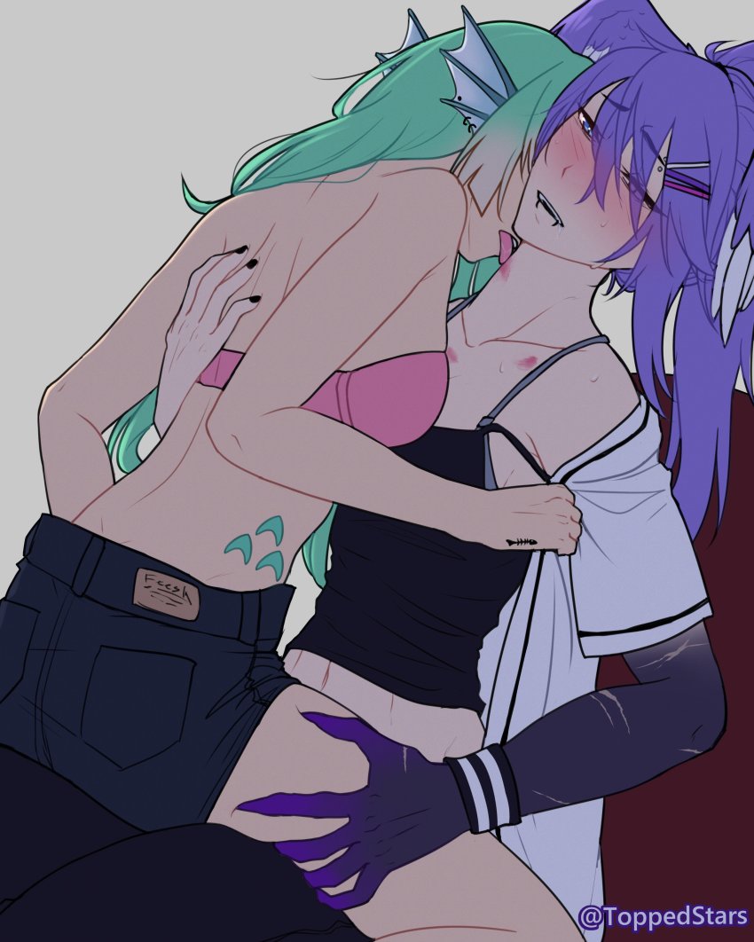 2girls, absurdres, black_nails, black_tank_top, blue_eyes, bra, clothes_grab, collarbone