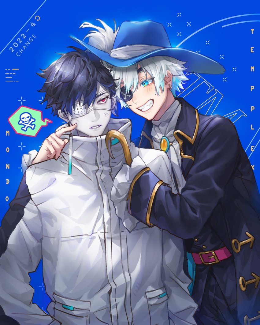2boys, annoyed, ascot, black_hair, black_jacket, blue_eyes, blue_hair, character_name