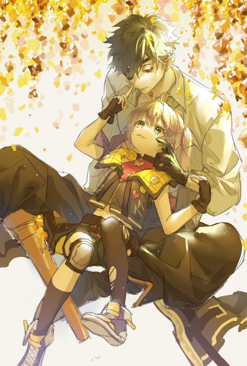 1boy, 1girl, absurdres, black_footwear, black_hair, black_pants, black_shorts, boots, chinese_commentary, collared_shirt, crazy_raccoon, eyepatch, fingers_on_another's_face, hair_behind_ear, highres, holding_another's_arm, mondo_(crazy_raccoon), nagy_(cindy32ok123), nijisanji, one_eye_covered, pants, peg_leg, purple_footwear, red_eyes, shirt, shoes, shorts, single_thighhigh, sitting, sitting_on_lap, sitting_on_person, sleeveless, sleeveless_jacket, smile, sneakers, thighhighs, torn_clothes, torn_legwear, virtual_youtuber, white_shirt, yuuki_chihiro, yuuki_chihiro_(10th_costume)