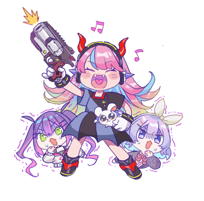 3girls, apex_legends, black_dress, black_footwear, blue_dress, blue_hair, chibi, chinese_commentary