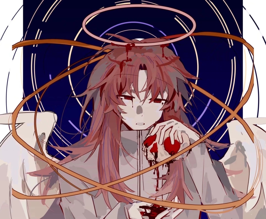 1boy, aitangguodexiaogui842, blood, chinese_commentary, hair_intakes, halo, hatsutori_hajime, highres