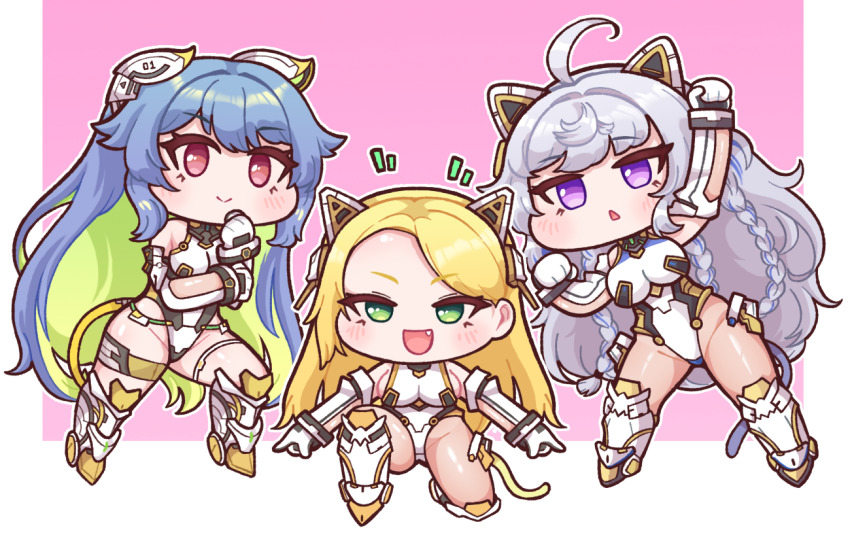 3girls, :>, ahoge, animal_ears, blonde_hair, blush, boots, braid