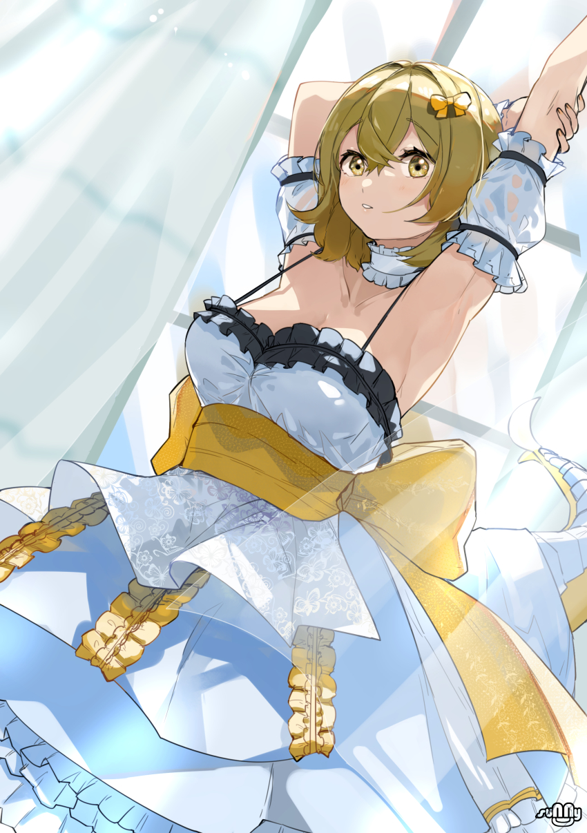 1girl, absurdres, alchemy_stars, armpits, arms_up, blonde_hair, bow, breasts