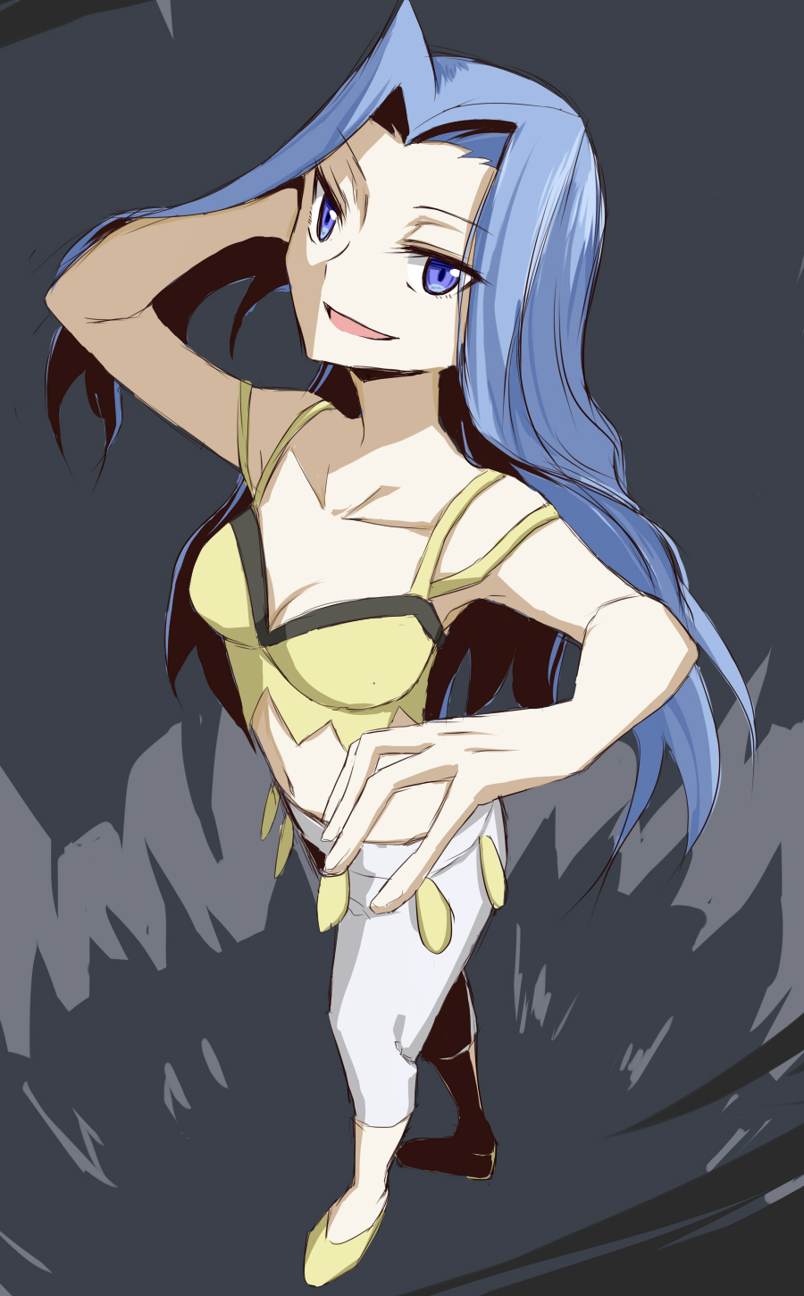 1girl, armpits, ars, belly, black_background, blouse, blue_eyes, blue_hair