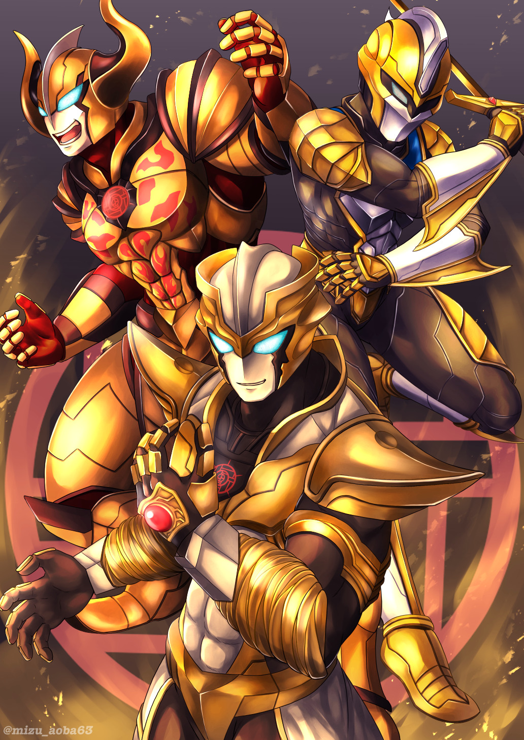 3boys, absolute_diavolo, absolute_tartarus, absolute_titan, alien, arm_blade, armor, blue_eyes, bracelet, breastplate, capelet, chest_tattoo, demon_horns, evil_grin, evil_smile, full_armor, glowing, glowing_eyes, gold, gold_armor, gold_trim, grin, highres, holding, holding_sword, holding_weapon, horns, huge_horns, jewelry, knight, long_sword, male_focus, multiple_boys, open_mouth, pauldrons, piaceen3870, shoulder_armor, shoulder_pads, smile, sword, tattoo, tokusatsu, ultra_galaxy_(series), ultra_galaxy_fight:_the_absolute_conspiracy, ultra_galaxy_fight:_the_destined_crossroad, ultra_series, weapon, white_capelet