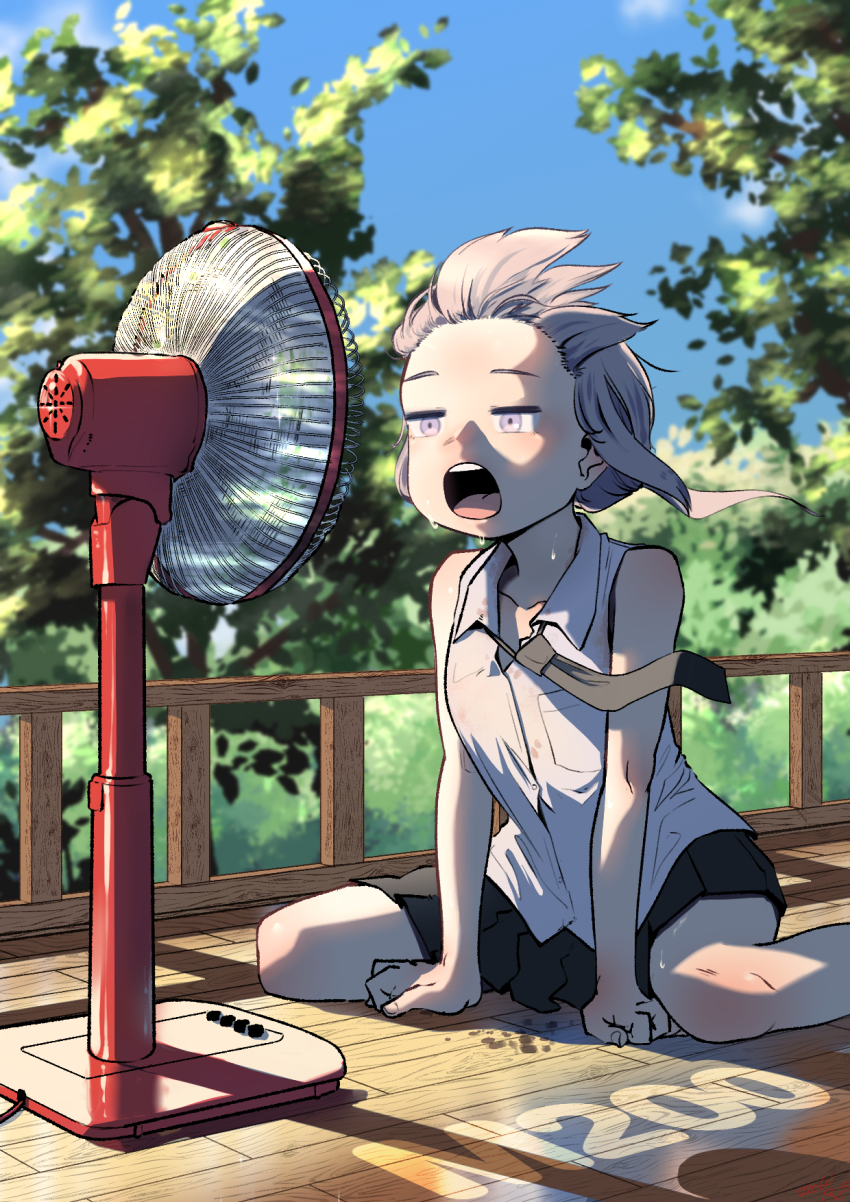 1girl, breast_pocket, character_name, electric_fan, girls'_frontline, grey_hair, highres, hot