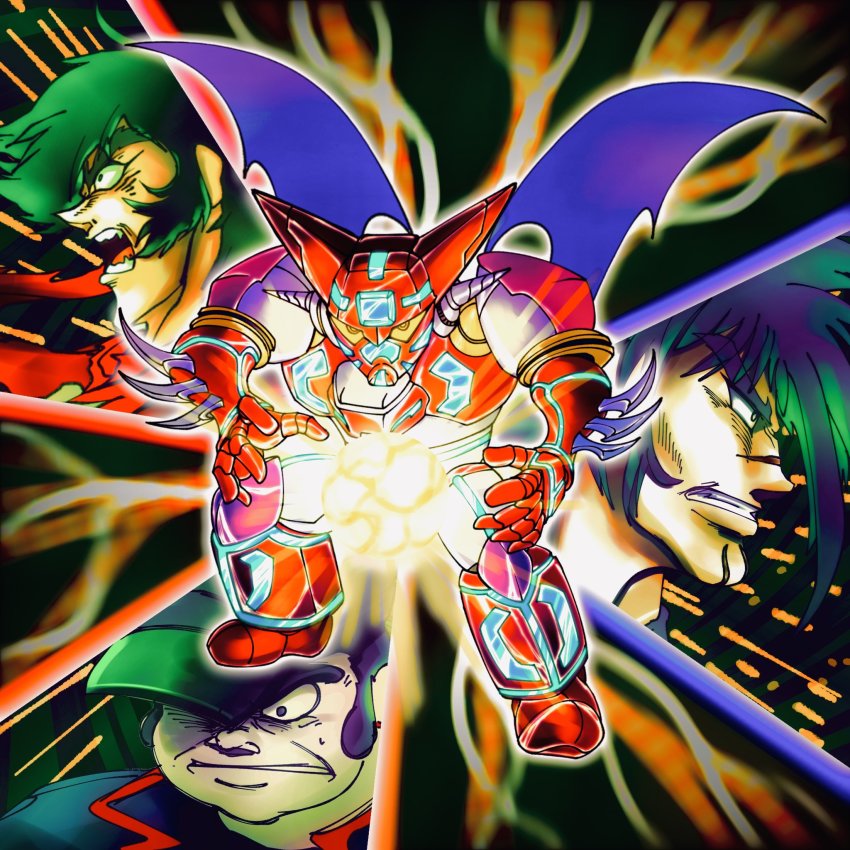 3boys, black_eyes, black_hair, getter_robo, getter_robo_armageddon, highres, hirudoido, jin_hayato, looking_at_viewer, mecha, multiple_boys, musashi_tomoe, nagare_ryoma, open_hands, open_mouth, robot, scar, scar_on_face, scar_on_nose, science_fiction, shin_getter-1, shin_getter_robo, super_robot, v-shaped_eyebrows, wings, yellow_eyes