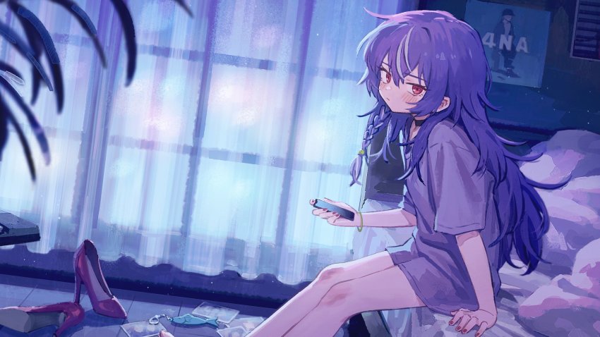 1girl, bare_legs, barefoot, bed, bedroom, blanket, blurry, blurry_foreground, blush, bolero_(bo_le_ro66), bracelet, cellphone, charm_(object), choker, closed_mouth, curtains, fingernails, fish_charm, grey_hair, hair_between_eyes, high_heels, highres, holding, holding_phone, indoors, jewelry, light_particles, long_hair, looking_at_viewer, multicolored_hair, nail_polish, no_pants, on_bed, original, phone, plant, potted_plant, purple_hair, purple_shirt, red_eyes, red_footwear, red_nails, shirt, sitting, solo, streaked_hair, t-shirt