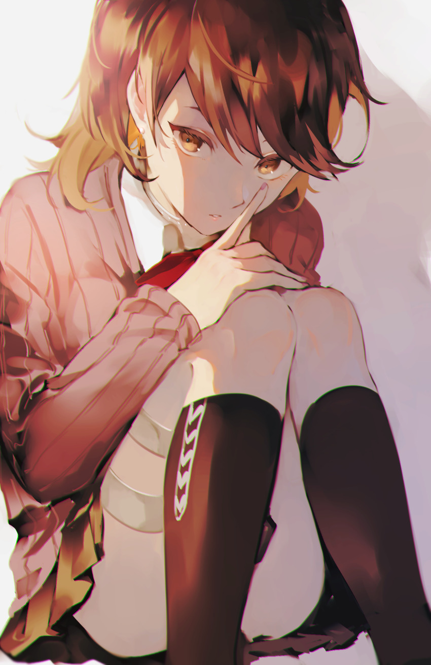 1girl, black_socks, brown_eyes, brown_hair, gekkoukan_high_school_uniform, highres, holster, kneehighs, long_sleeves, looking_at_viewer, lor_(roasyerizyonirapi), miniskirt, nail_polish, neck_ribbon, orange_skirt, parted_lips, persona, persona_3, pink_nails, pleated_skirt, red_ribbon, ribbon, school_uniform, short_hair, sitting, skirt, socks, solo, straight_hair, sweater, takeba_yukari, thigh_holster, thighs, yellow_sweater