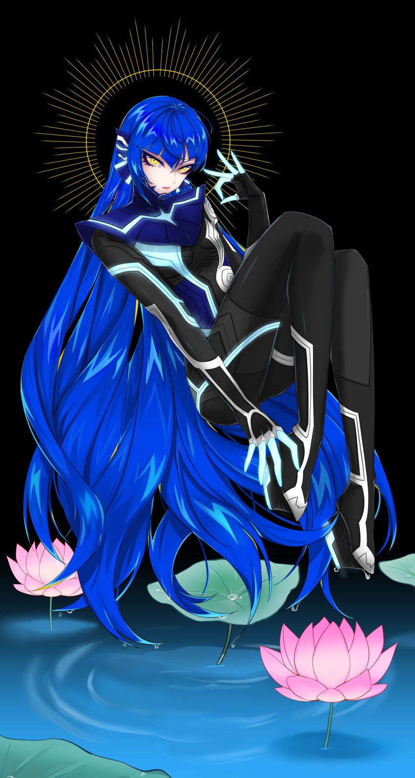01pado_pado, 1boy, absurdres, androgynous, asymmetrical_bangs, big_hair, black_bodysuit, blue_bodysuit