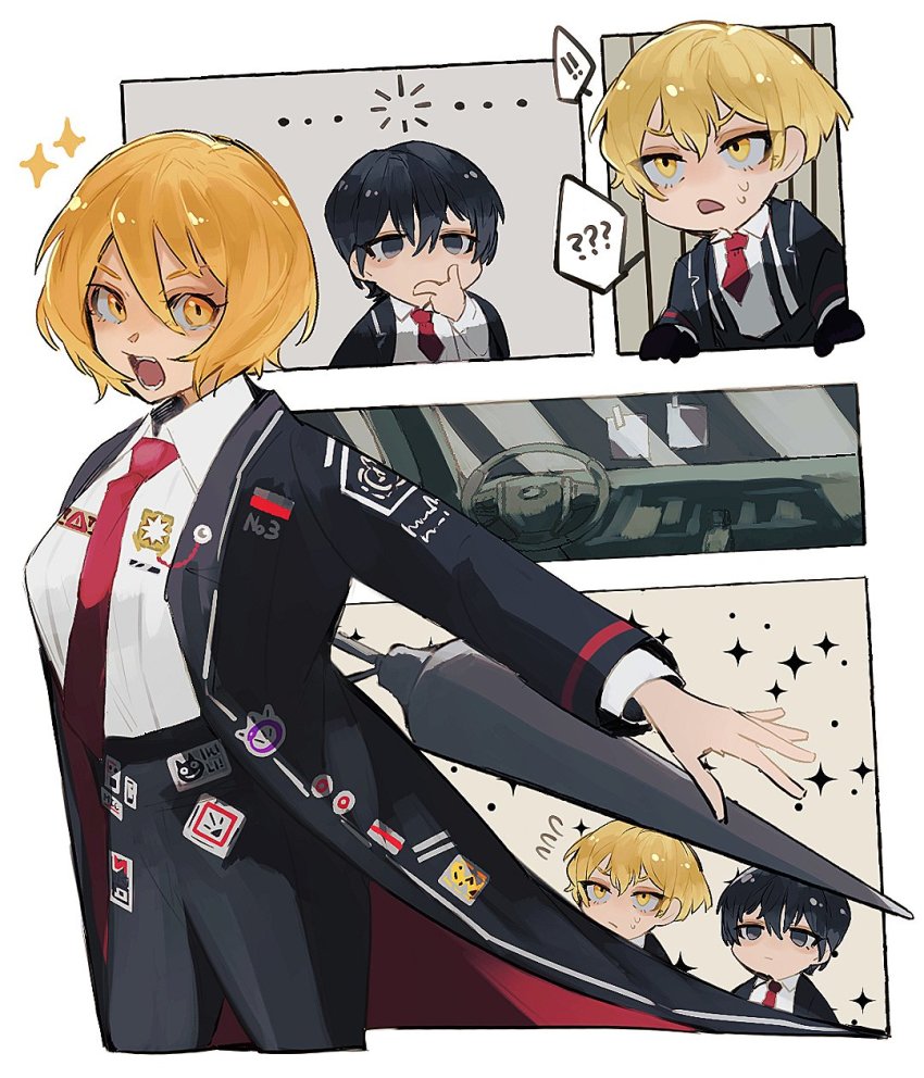 !, 1girl, 2boys, ?, black_eyes, black_hair, black_jacket, don_quixote_(project_moon)