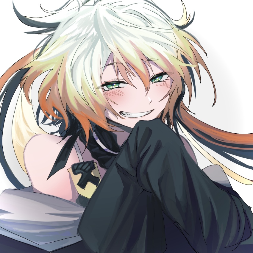 1girl, black_hair, blonde_hair, blush, fanartabura, green_eyes, green_hair, highres