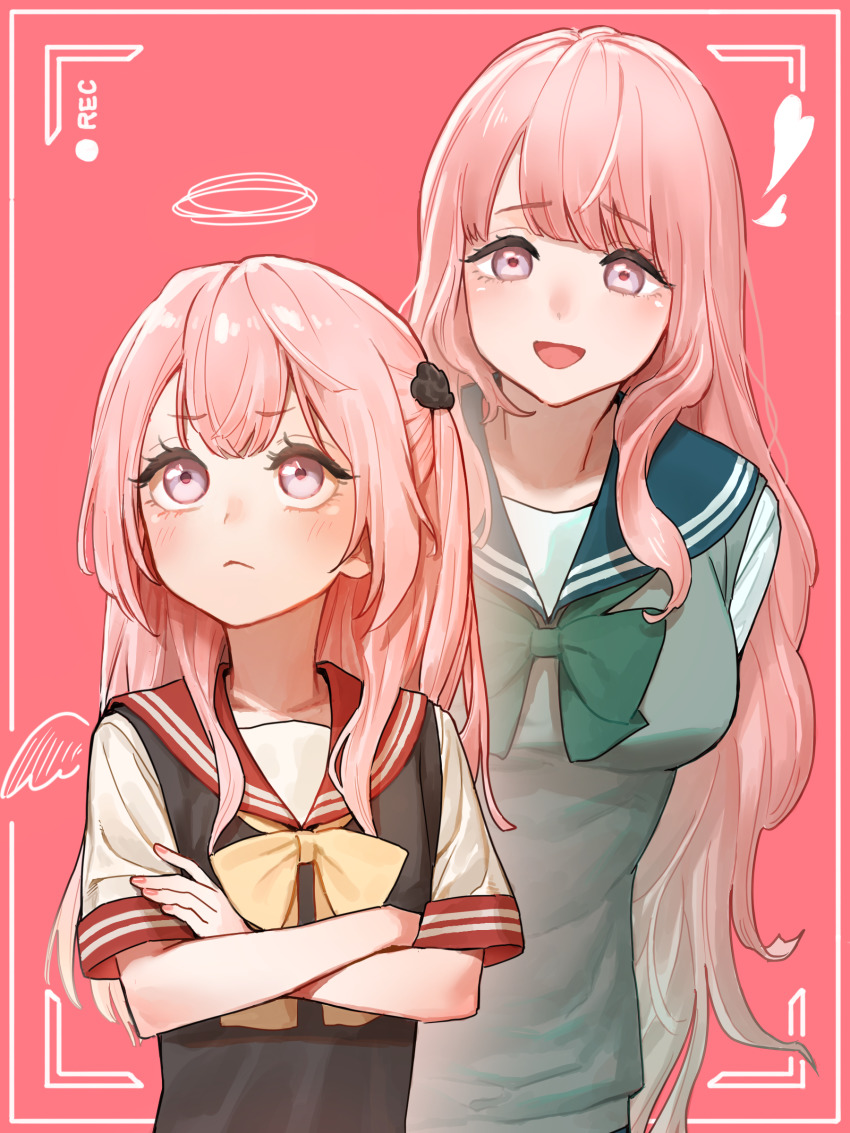 2girls, absurdres, black_vest, bow, bowtie, breasts, closed_mouth, crossed_arms, crossed_bangs, flower, green_bow, green_bowtie, grey_vest, hair_flower, hair_ornament, highres, inui_sajuna, inui_shinju, large_breasts, long_hair, matsu_bokkuri, multiple_girls, open_mouth, parted_bangs, pink_hair, purple_eyes, red_background, red_sailor_collar, sailor_collar, school_uniform, short_sleeves, siblings, sisters, small_breasts, smile, sono_bisque_doll_wa_koi_wo_suru, two_side_up, upper_body, very_long_hair, vest, yellow_bow, yellow_bowtie