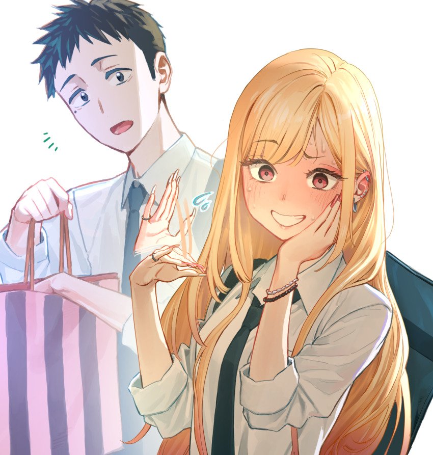 1boy, 1girl, bag, barbell_piercing, bead_bracelet, beads, black_hair, blonde_hair, blue_necktie, blush, bracelet, collared_shirt, colored_tips, ear_blush, ear_piercing, earrings, embarrassed, fake_nails, fingernails, gojou_wakana, hand_on_own_cheek, hand_on_own_face, highres, holding, holding_bag, industrial_piercing, jewelry, kitagawa_marin, long_fingernails, long_hair, matsu_bokkuri, mole, mole_under_eye, multicolored_hair, multiple_earrings, nail_polish, necktie, open_mouth, paper_bag, parted_bangs, piercing, pink_nails, red_eyes, ring, school_bag, school_uniform, shirt, short_hair, simple_background, sleeves_rolled_up, smile, sono_bisque_doll_wa_koi_wo_suru, stud_earrings, sweat, upper_body, very_long_hair, waving, white_background, white_shirt