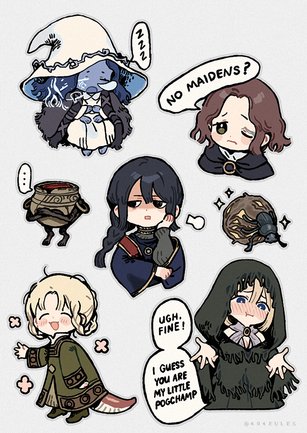 black_cloak, black_hair, blonde_hair, blue_eyes, blue_hair, blue_skin, blush, braid, braided_hair_rings, breasts, brown_eyes, brown_hair, cape, chibi, cloak, closed_mouth, colored_skin, cracked_skin, dress, elden_ring, english_text, eules, extra_arms, extra_faces, facial_tattoo, fia_the_deathbed_companion, fur_cloak, green_dress, hair_rings, hat, holding, hood, hood_up, hooded_cloak, iron_fist_alexander, jar, large_breasts, lizard_tail, long_hair, long_sleeves, looking_at_viewer, medium_hair, melina_(elden_ring), meme, mole, mole_under_mouth, one-eyed, one_eye_closed, pogchamp_(meme), ranni_the_witch, rya_(elden_ring), scar, scar_across_eye, scar_on_face, short_hair, simple_background, sitting, sleeping, smile, sorceress_sellen, speech_bubble, tail, tattoo, witch_hat, yellow_eyes