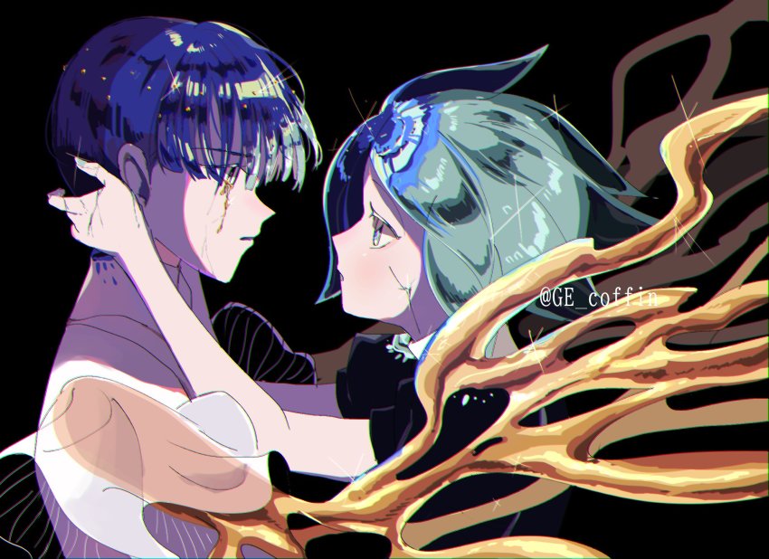 2others, androgynous, aqua_eyes, aqua_hair, blue_hair, blunt_bangs, crack, cracked_skin, crying, dual_persona, eye_contact, from_side, ge_coffin, gold, golden_arms, hand_on_another's_head, highres, houseki_no_kuni, looking_at_another, multiple_others, other_focus, pale_skin, parted_bangs, parted_lips, phosphophyllite, phosphophyllite_(ll), puffy_short_sleeves, puffy_sleeves, sad, see-through_clothes, see-through_sleeves, short_hair, short_sleeves, spoilers, twitter_username