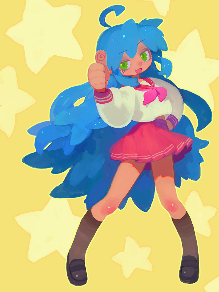 1girl, ahoge, black_footwear, blue_hair, brown_legwear, eyelashes, fingerprint, fl_(l-fl)