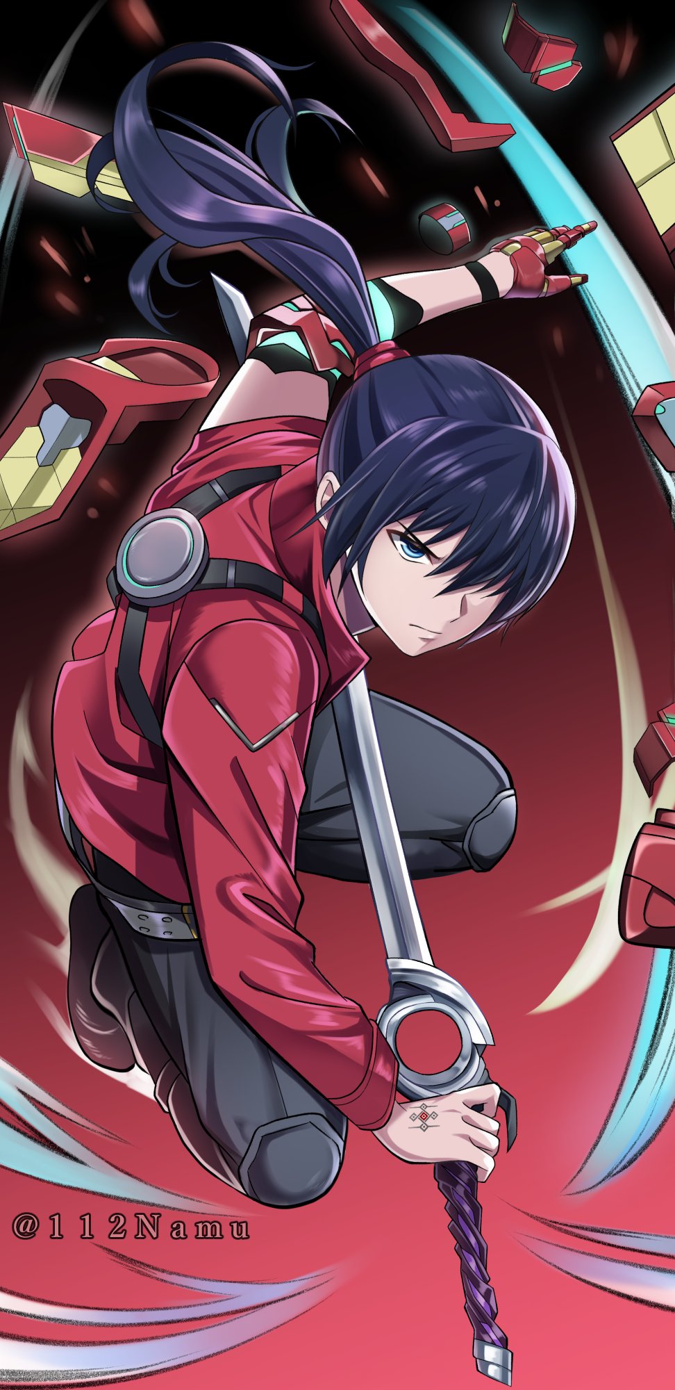 1boy, black_hair, blue_eyes, hair_tie, highres, jacket, long_hair, looking_at_viewer