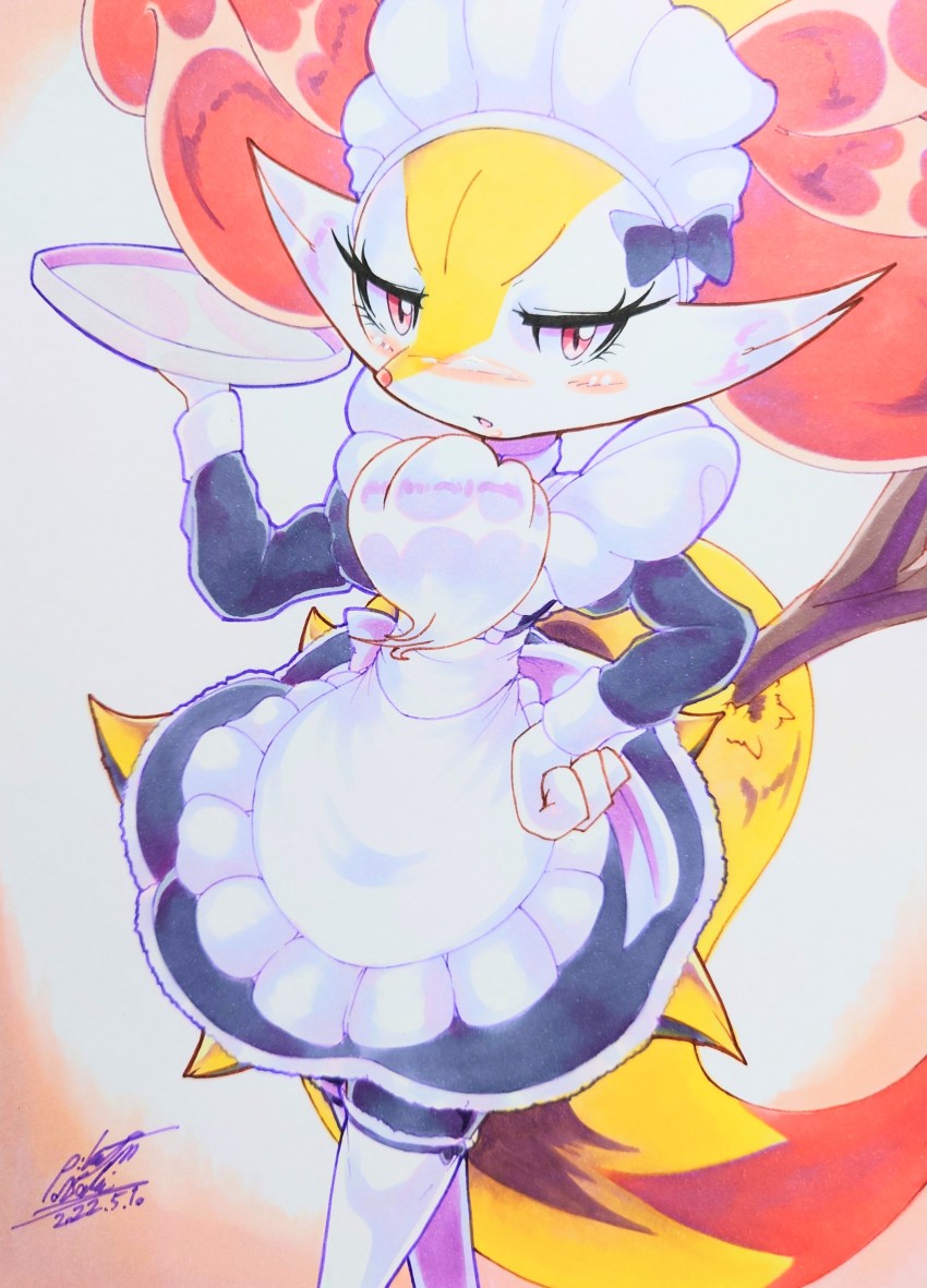 025aki, 1girl, absurdres, alternate_costume, animal_ear_fluff, apron, black_bow, black_dress, black_fur, blue_outline, blush, bow, braixen, chestnut_mouth, dated, dress, enmaided, feet_out_of_frame, fox_tail, frilled_apron, frills, furry, furry_female, gen_6_pokemon, gradient_background, hand_on_own_hip, hand_up, highres, holding, holding_tray, long_sleeves, looking_at_viewer, maid, maid_day, maid_headdress, marker_(medium), multicolored_fur, nintendo, open_mouth, orange_background, orange_fur, outline, pokemon, red_eyes, red_nose, ribbon-trimmed_legwear, ribbon_trim, signature, simple_background, solo, standing, stick, tail, thighhighs, traditional_media, tray, tsurime, two-tone_background, waist_apron, white_apron, white_background, white_fur, white_thighhighs, yellow_fur