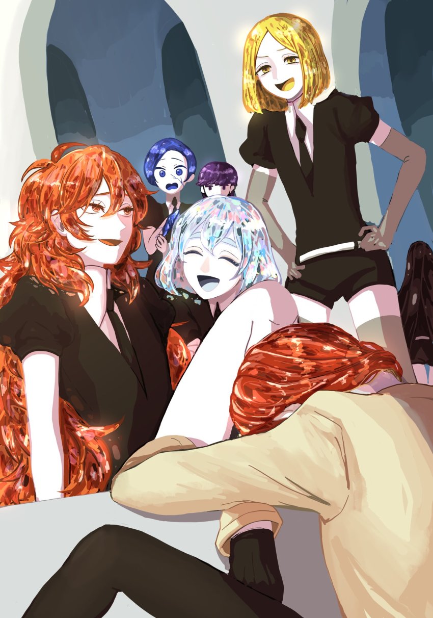 6+others, :d, ^_^, amputee, androgynous, benitoite_(houseki_no_kuni), black_hair, black_legwear