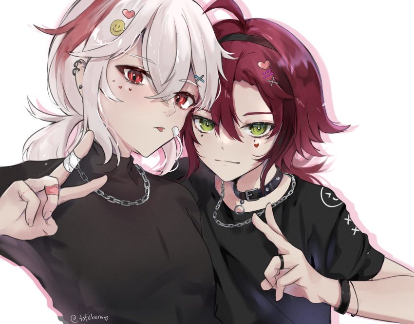 2boys, ahoge, alternate_costume, artist_name, bandage_on_finger, bandages, bandaid, black_shirt, blush, bracelet, chain, chain_necklace, collar, commentary, crossed_bangs, ear_piercing, earrings, english_commentary, genshin_impact, green_eyes, hair_between_eyes, hair_ornament, hairclip, hand_up, heart, heart_hair_ornament, highres, jewelry, kaedehara_kazuha, looking_at_viewer, male_focus, medium_hair, multiple_boys, necklace, pendant_collar, piercing, ponytail, red_eyes, red_hair, ring, shikanoin_heizou, shirt, short_sleeves, sidelocks, simple_background, slit_pupils, tofuubuns, tongue, tongue_out, v, white_background