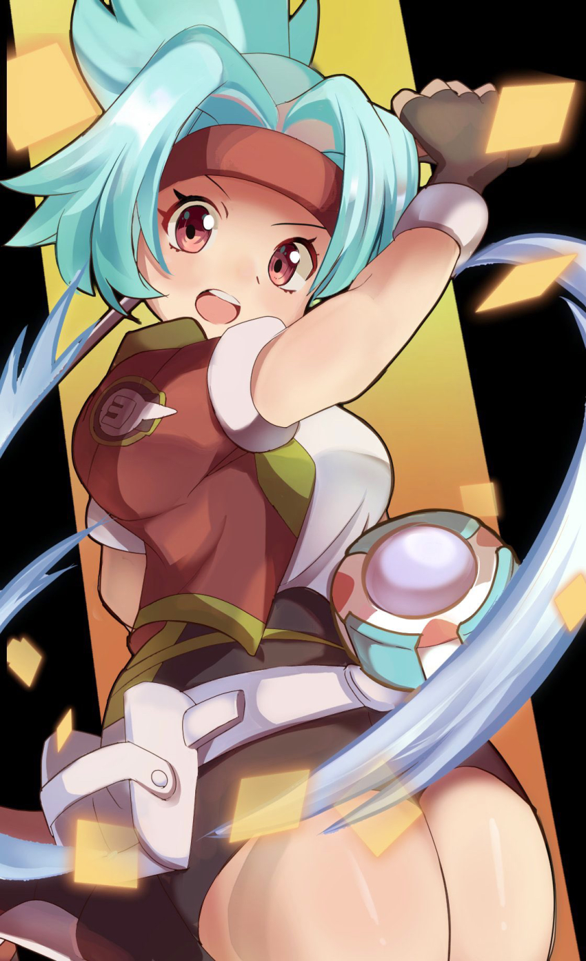 1girl, black_shorts, blue_hair, brown_gloves, capture_styler, fingerless_gloves, gloves, headband