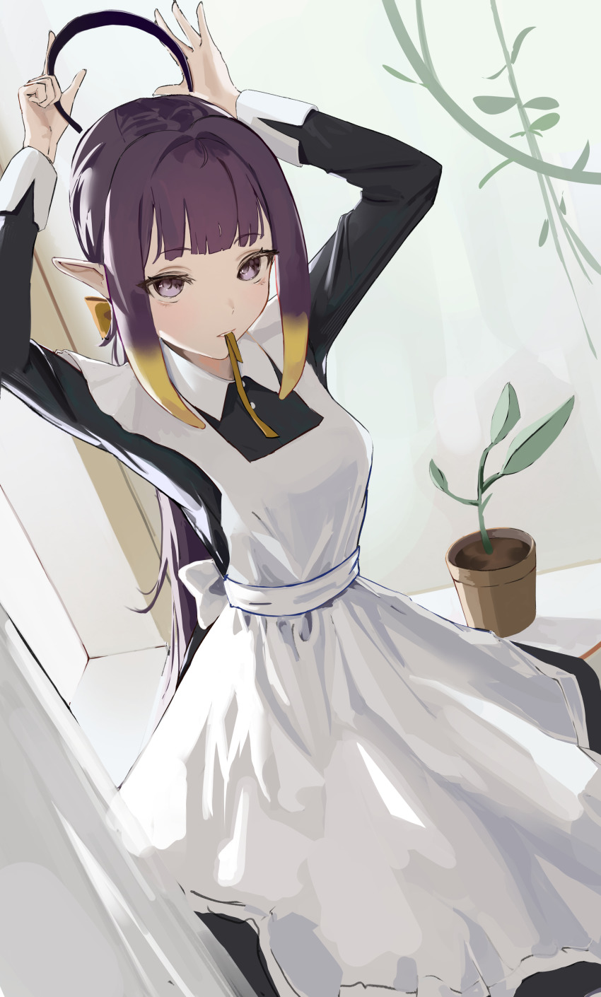 1girl, absurdres, arms_up, black_dress, blonde_hair, blunt_bangs, collared_dress, dress