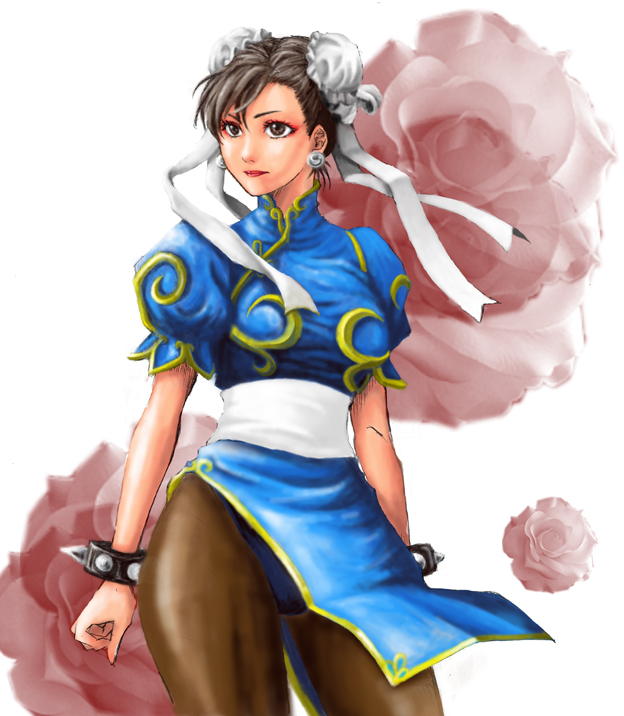 1girl, bad_id, bad_pixiv_id, bracelet, brown_eyes, brown_hair, bun_cover, capcom, china_dress, chinese_clothes, chun-li, double_bun, dress, eyeshadow, female_focus, hair_bun, jewelry, makeup, nakaharaka, pantyhose, pelvic_curtain, solo, spiked_bracelet, spikes, street_fighter