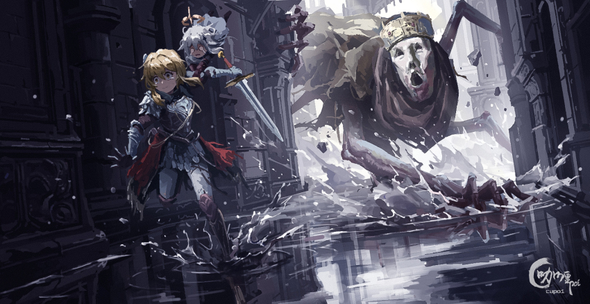 2girls, armor, blonde_hair, building, chigalidepoi, crossover, crown, elden_ring