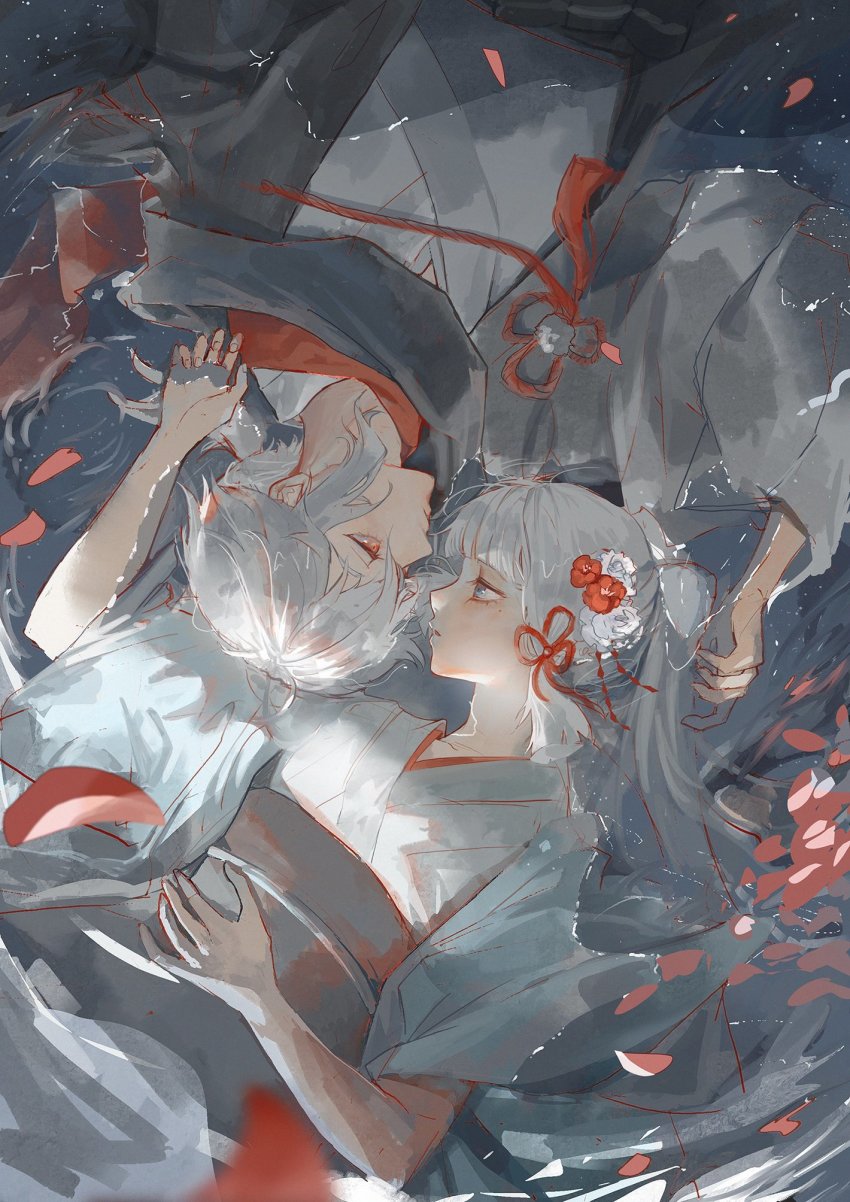 1boy, 1girl, ayaka_(genshin_impact), blue_eyes, blunt_bangs, closed_mouth, eye_contact, genshin_impact