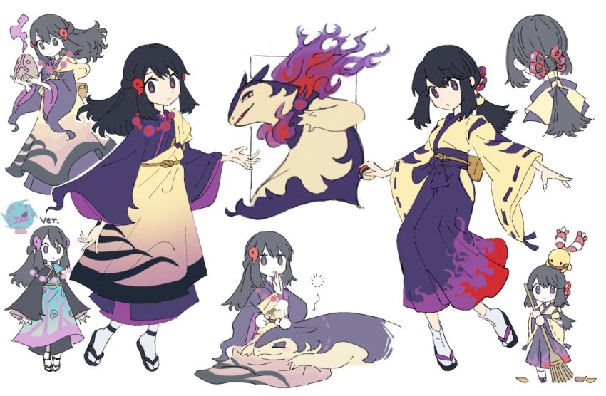 1girl, akari_(pokemon), alternate_color, back_hair, broom, chingling, closed_mouth, commentary, cosplay, gen_4_pokemon, hair_ornament, hairclip, hand_up, hisuian_typhlosion, hisuian_typhlosion_(cosplay), holding, holding_broom, holding_pokemon, japanese_clothes, kimono, leaf, long_hair, looking_at_viewer, looking_down, nintendo, noii, on_lap, pokemon, pokemon_(creature), pokemon_legends:_arceus, pokemon_on_lap, ponytail, purple_skirt, sandals, shiny_pokemon, skirt, socks, spiritomb, white_legwear, wide_sleeves, yellow_kimono