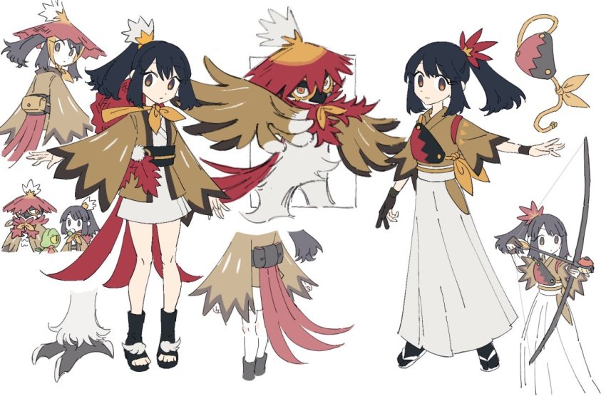 1girl, akari_(pokemon), arrow_(projectile), black_footwear, black_hair, black_sash, bow, bow_(weapon), brown_eyes, brown_jacket, closed_mouth, commentary, commentary_request, cosplay, eyelashes, gen_3_pokemon, gloves, hisuian_decidueye, hisuian_decidueye_(cosplay), hisuian_poke_ball, jacket, knees, looking_at_viewer, multiple_views, nintendo, noii, partially_fingerless_gloves, poke_ball, pokemon, pokemon_(creature), pokemon_legends:_arceus, ponytail, sash, single_glove, skirt, toeless_footwear, treecko, weapon, white_background, wristband