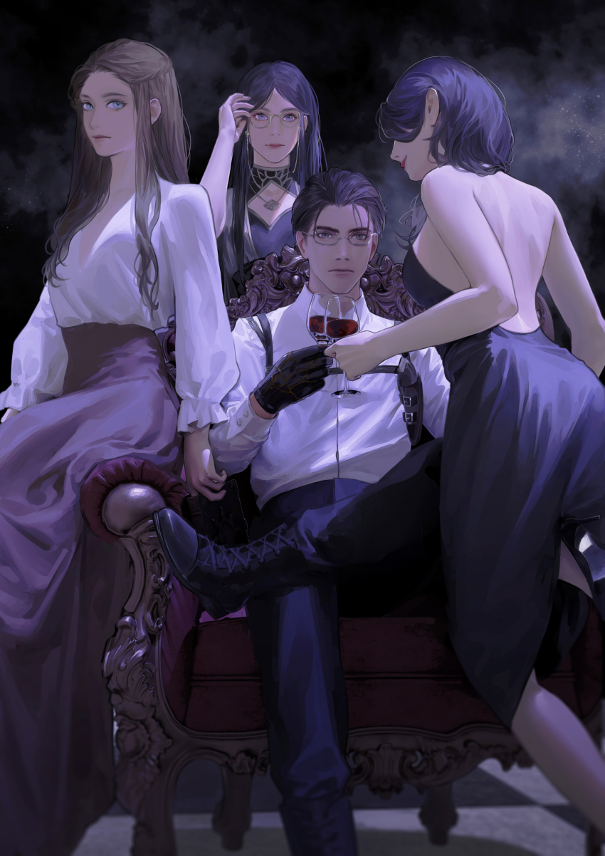 1boy, 3girls, absurdres, adjusting_eyewear, bare_back, bare_shoulders, black_gloves, black_hair