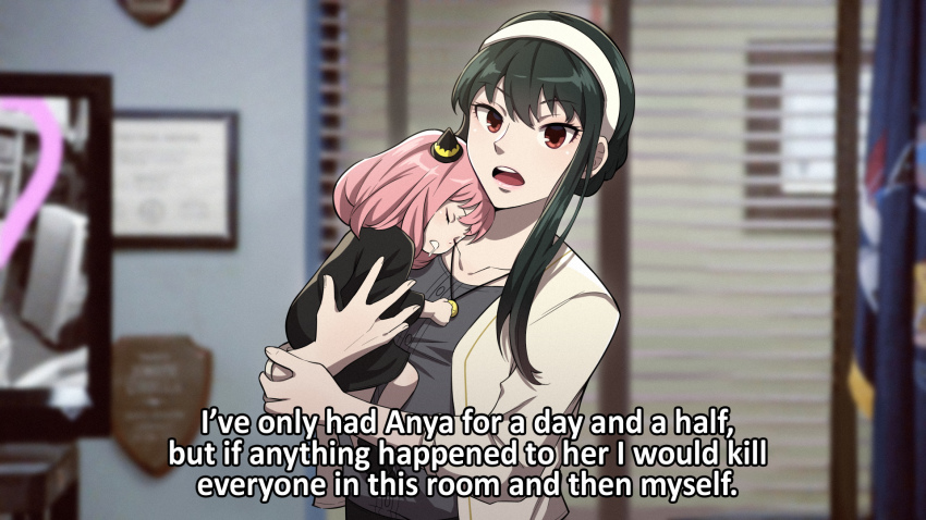 2girls, adoptive_parent_and_adoptive_child, anya_(spy_x_family), black_hair, brooklyn_nine-nine, ceciliarinchan, child, commentary, commission, english_commentary, english_text, female_focus, grey_shirt, hairband, hairpods, highres, i've_only_had_arlo_for_a_day_and_a_half_(meme), jacket, jewelry, looking_at_viewer, meme, mother_and_child, mother_and_daughter, multiple_girls, necklace, open_mouth, parent_and_child, pink_hair, red_eyes, second-party_source, shirt, sleeping, spy_x_family, upper_body, white_hairband, white_jacket, yor_briar