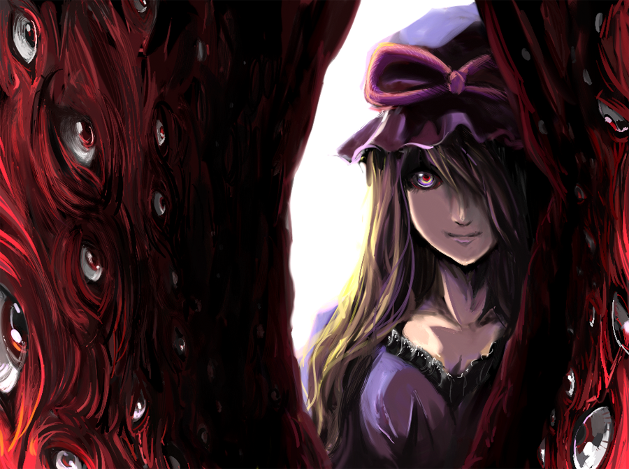 1girl, blonde_hair, eye_focus, female_focus, gap_(touhou), hair_over_one_eye, hat, hat_ribbon