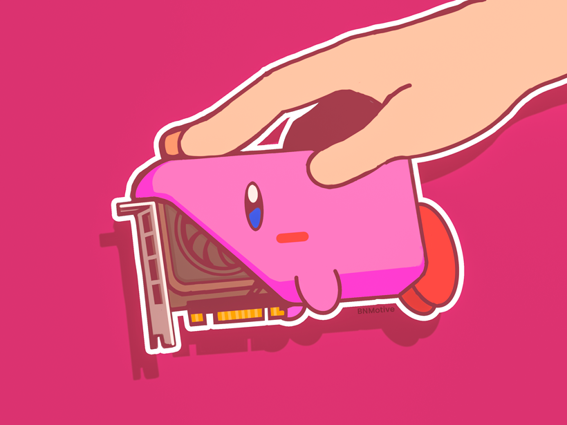 1other, artist_name, blue_eyes, blush_stickers, bnmotive, commentary, drop_shadow, english_commentary, full_body, graphics_card, holding, kirby, kirby_(series), kirby_and_the_forgotten_land, mouthful_mode, nintendo, open_mouth, outline, pink_background, simple_background, solo_focus, watermark, white_outline