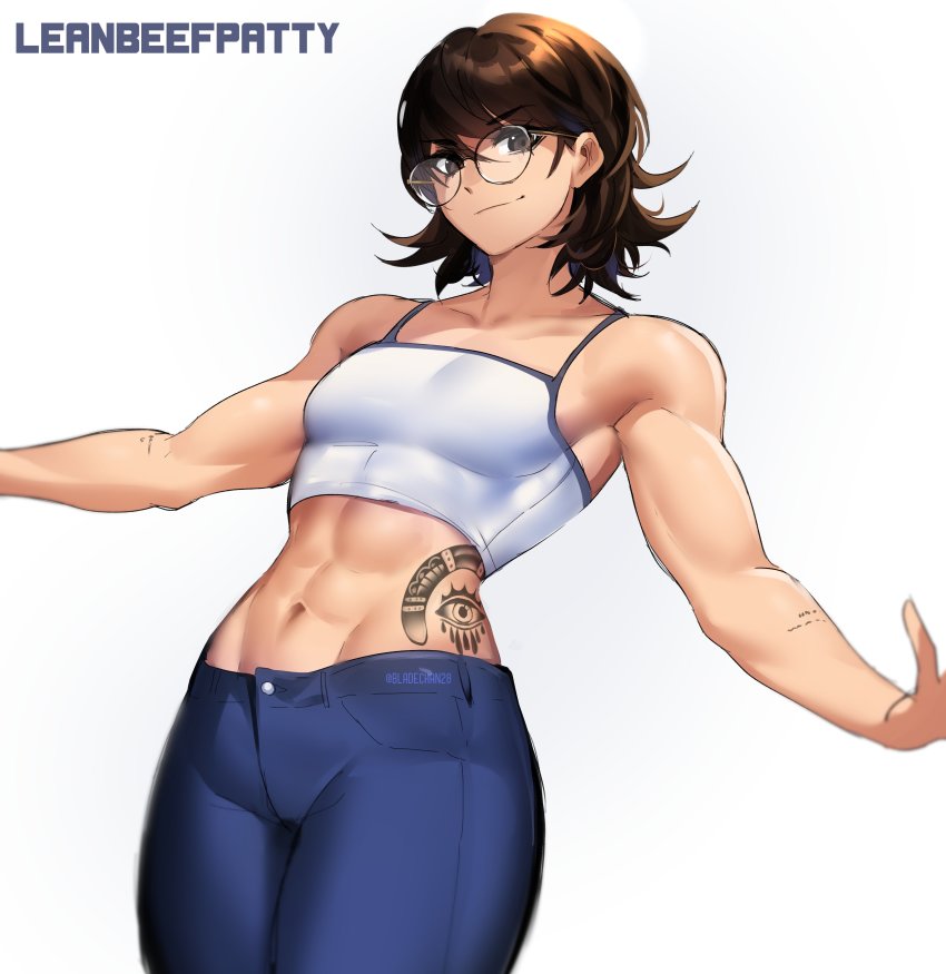 1girl, abs, absurdres, artist_name, breasts, brown_eyes, brown_hair, character_name, commentary, cowgirl_position, english_commentary, glasses, hair_between_eyes, highres, leanbeefpatty, looking_at_viewer, muscular, muscular_female, navel, nsfwolf, outstretched_arms, pants, photo-referenced, real_life, simple_background, solo, straddling, tattoo, twitter_username, watermark